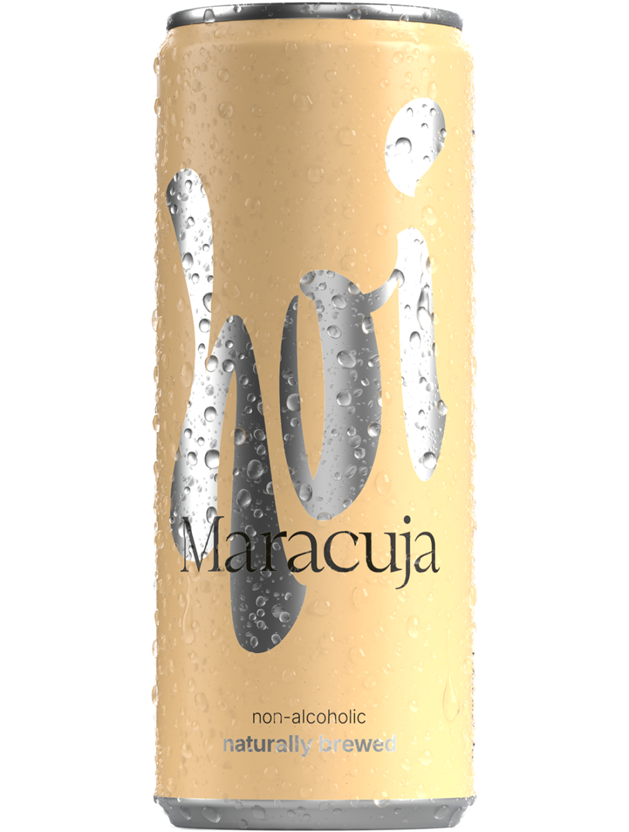 Hoi-Maracuja-single-condensed HOI – naturally brewed, Maracuja, pastellgelbe Getränkedose mit silbrigem